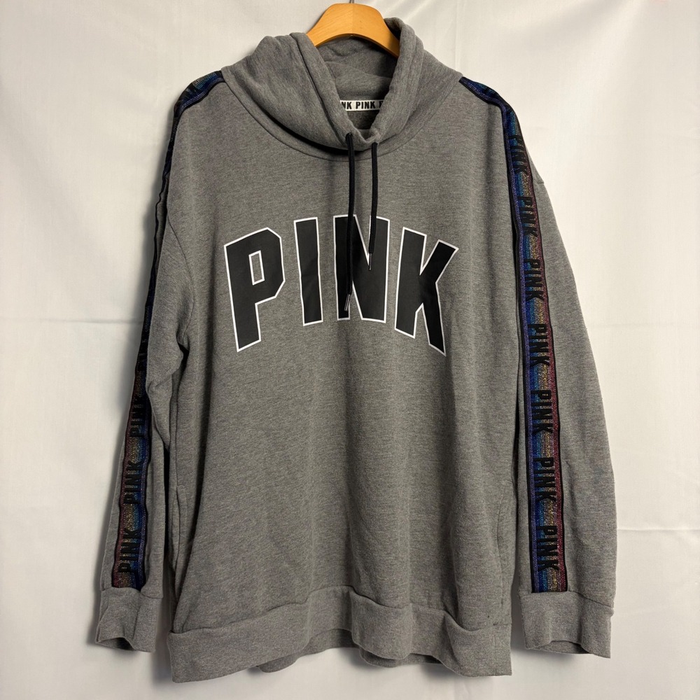 PINK Victorias Secret Gray Funnel Neck Rainbow Iridescent Tape Sweatshirt Large‎